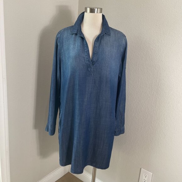 Cloth&Stone Womens Large Tencel Lyocell Denim Tunic Shirt Dress Roll Tab Sleeve - Picture 1 of 13